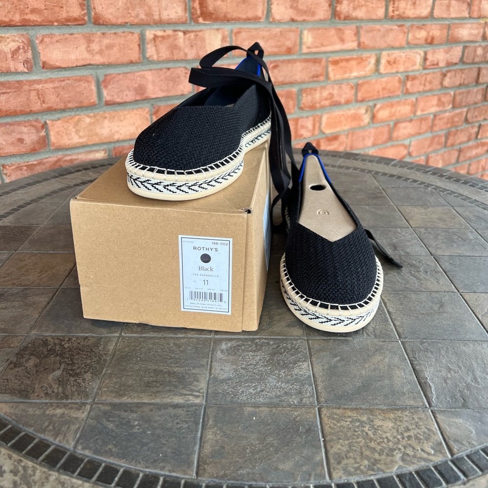 Rothy's Black Espadrilles with Ankle Strap and Classic Braided Sole
